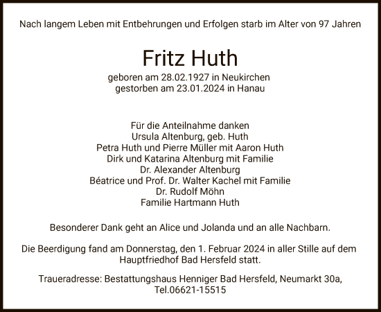 Traueranzeige von Fritz Huth von OF