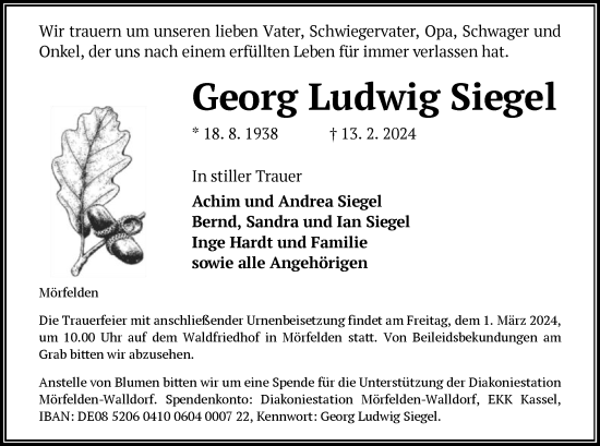 Traueranzeige von Georg Ludwig Siegel von OF