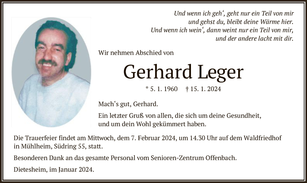  Traueranzeige für Gerhard Leger vom 03.02.2024 aus OF