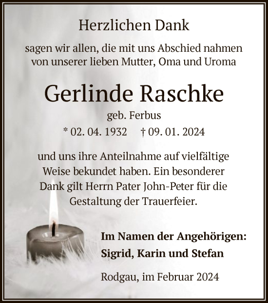 Traueranzeige von Gerlinde Raschke von OF