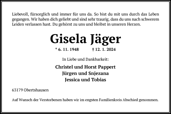 Traueranzeige von Gisela Jäger von OF