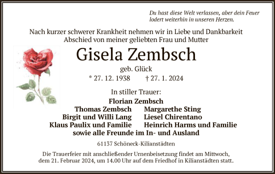 Traueranzeige von Gisela Zembsch von OF