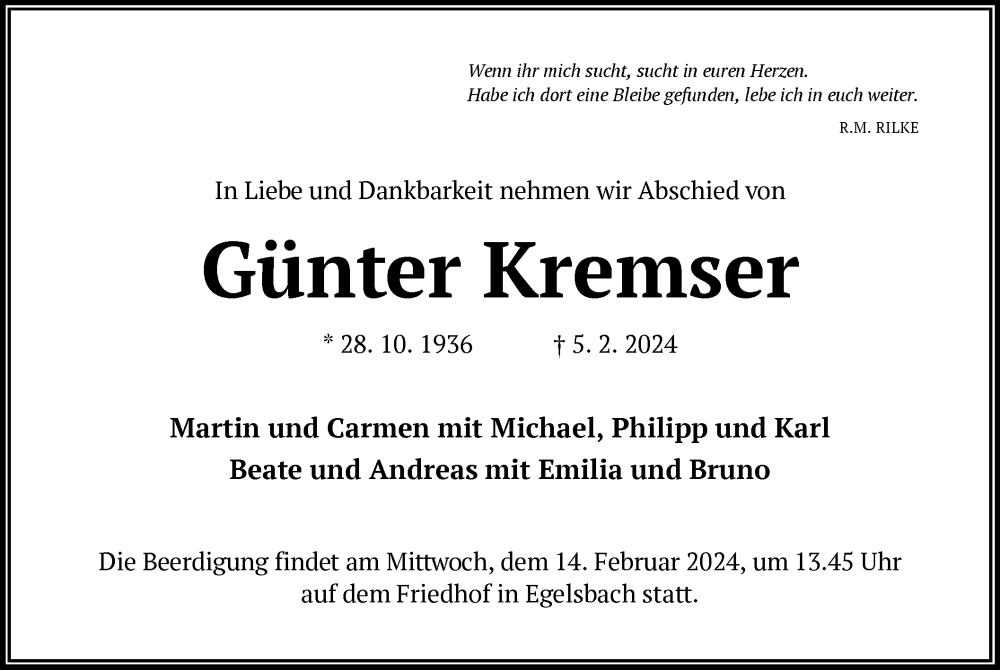  Traueranzeige für Günter Kremser vom 10.02.2024 aus OF
