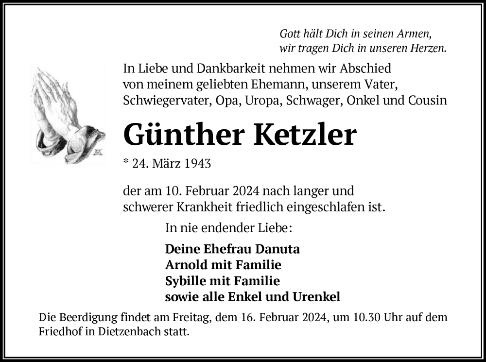  Traueranzeige für Günther Ketzler vom 14.02.2024 aus OF