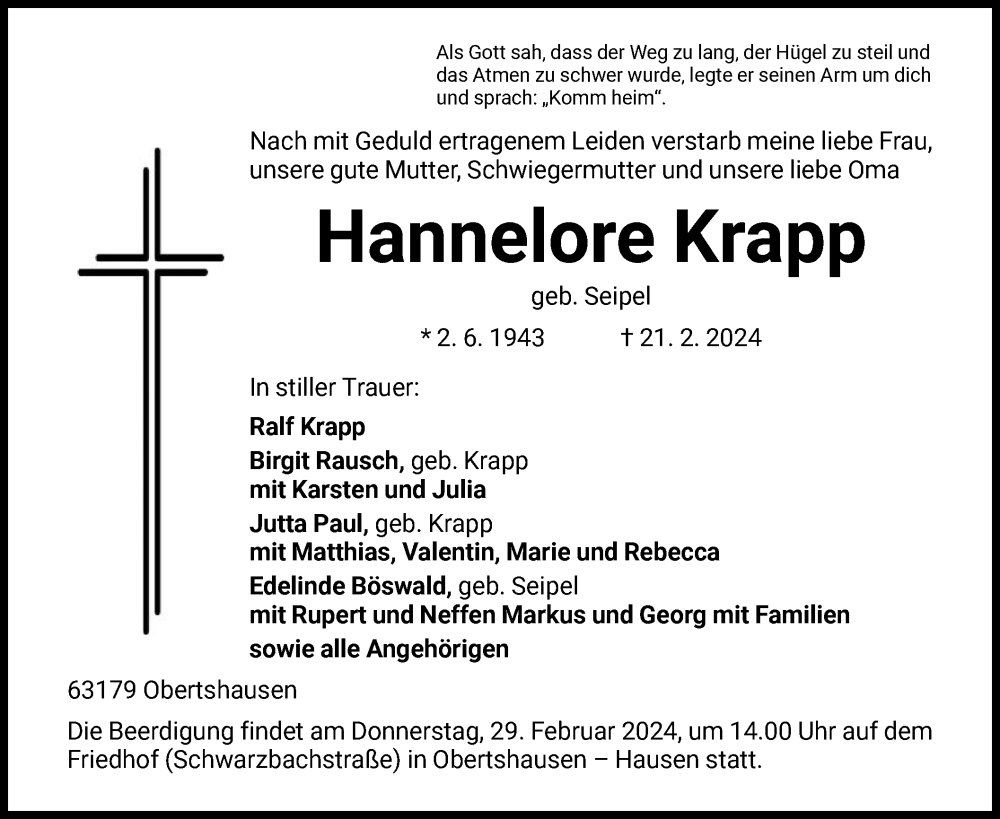  Traueranzeige für Hannelore Krapp vom 24.02.2024 aus OF