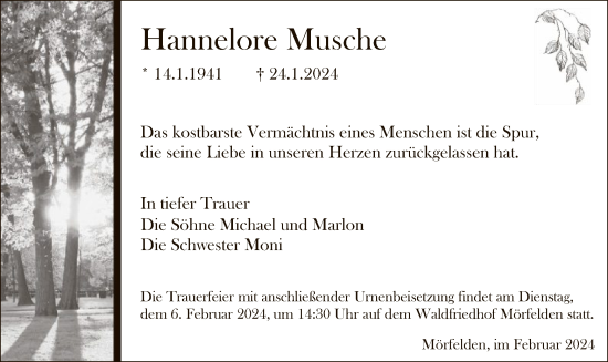 Traueranzeige von Hannelore Musche von OF