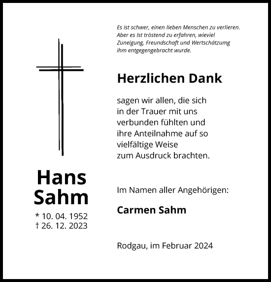 Traueranzeige von Hans Sahm von OF