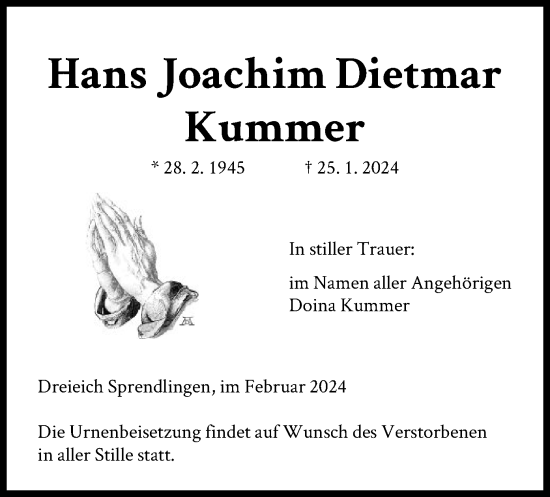 Traueranzeige von Hans Joachim Dietmar Kummer von OF