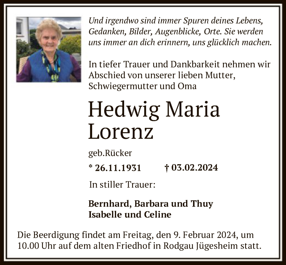  Traueranzeige für Hedwig Maria Lorenz vom 07.02.2024 aus OF