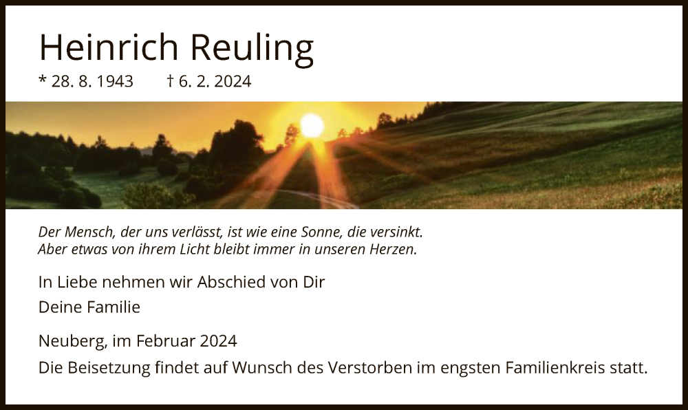  Traueranzeige für Heinrich Reuling vom 10.02.2024 aus OF