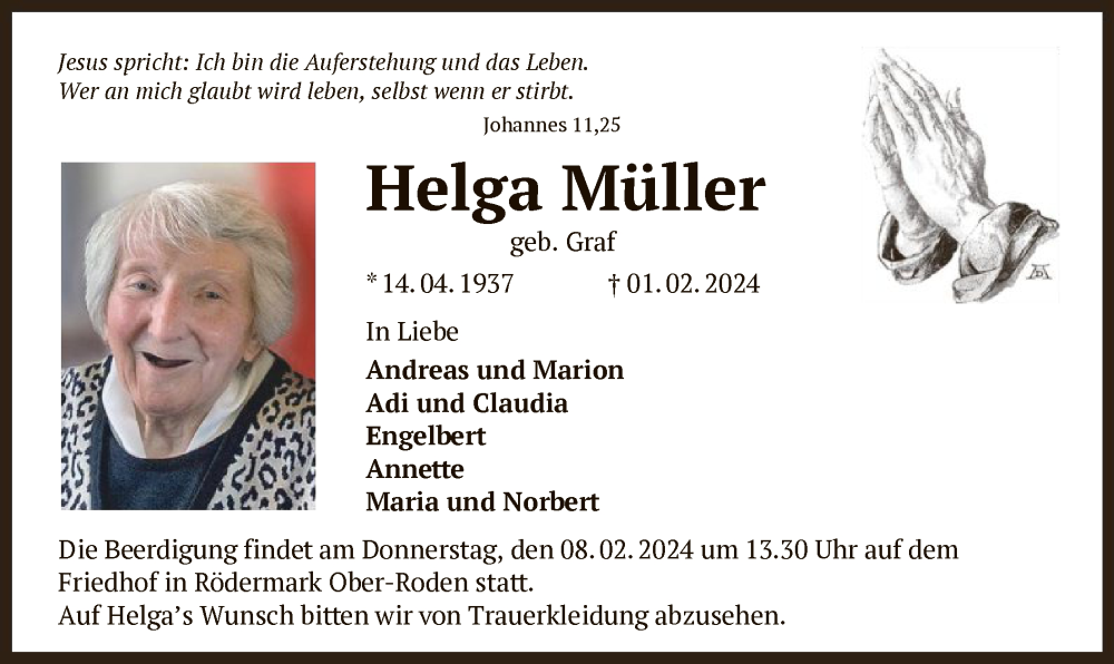  Traueranzeige für Helga Müller vom 06.02.2024 aus OF