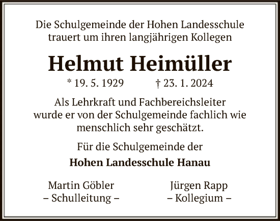 Traueranzeige von Helmut Heimüller von OF
