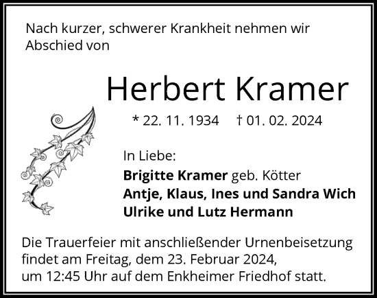 Traueranzeige von Herbert Kramer von OF