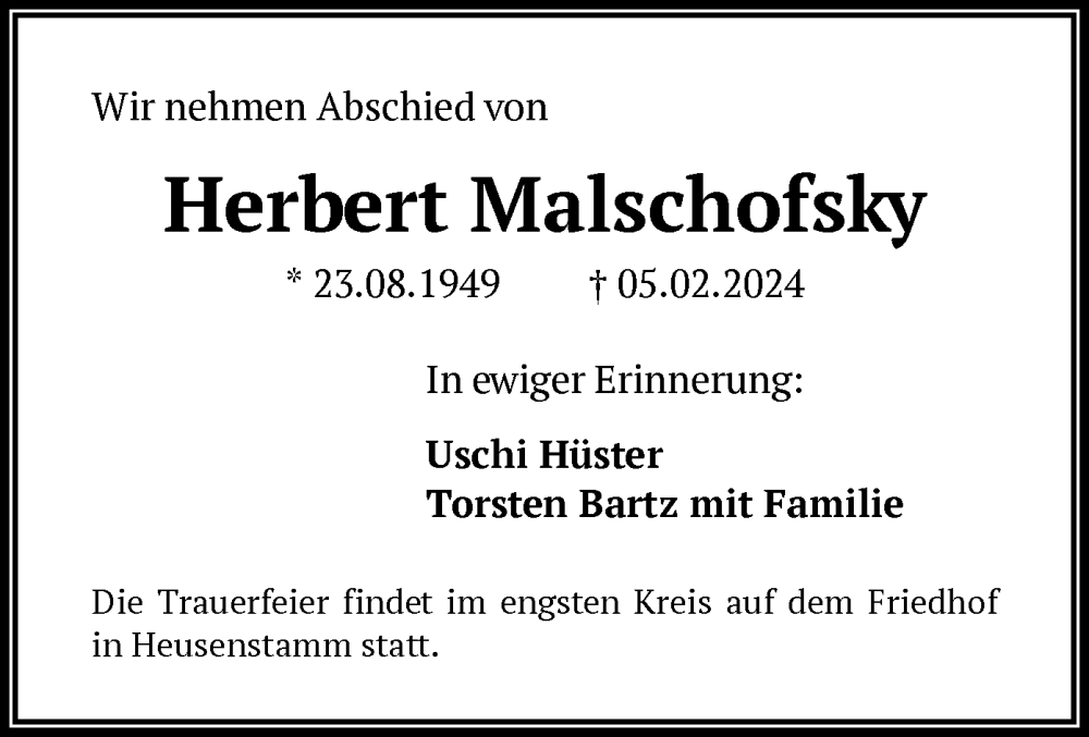  Traueranzeige für Herbert Malschofsky vom 10.02.2024 aus OF