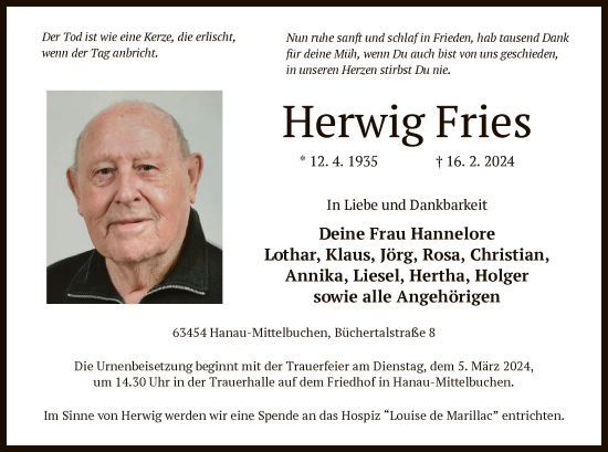 Traueranzeige von Herwig Fries von OF