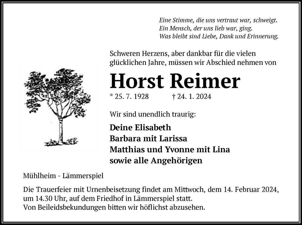  Traueranzeige für Horst Reimer vom 03.02.2024 aus OF