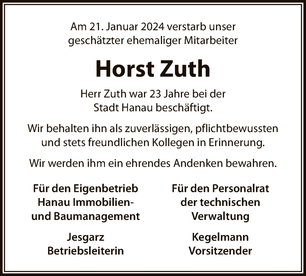  Traueranzeige für Horst Zuth vom 03.02.2024 aus OF