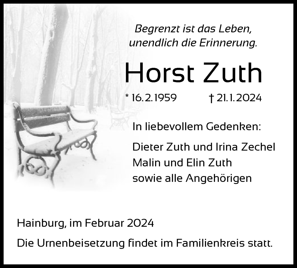  Traueranzeige für Horst Zuth vom 03.02.2024 aus OF