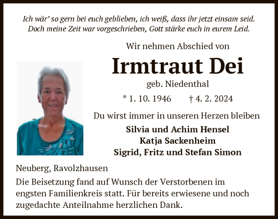 Traueranzeige von Irmtraut Dei von OF