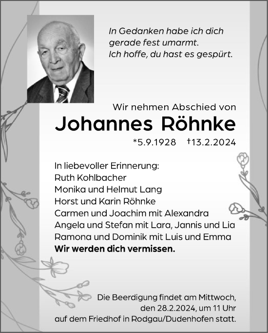 Traueranzeige von Johannes Röhnke von OF