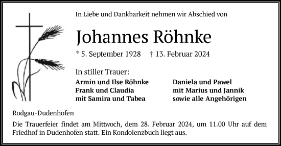 Traueranzeige von Johannes Röhnke von OF