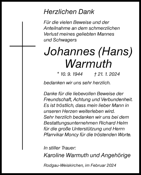 Traueranzeige von Johannes Warmuth von OF