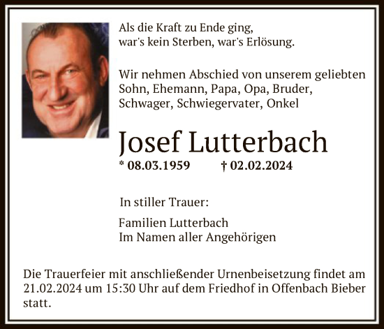 Traueranzeige von Josef Lutterbach von OF