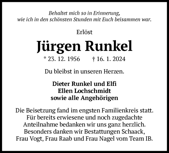 Traueranzeige von Jürgen Runkel von OF
