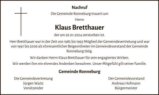 Traueranzeige von Klaus Bretthauer von OF