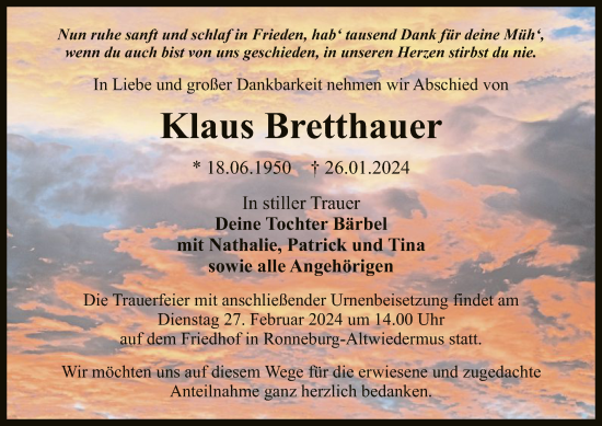 Traueranzeige von Klaus Bretthauer von OF