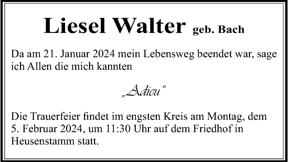  Traueranzeige für Liesel Walter vom 03.02.2024 aus OF