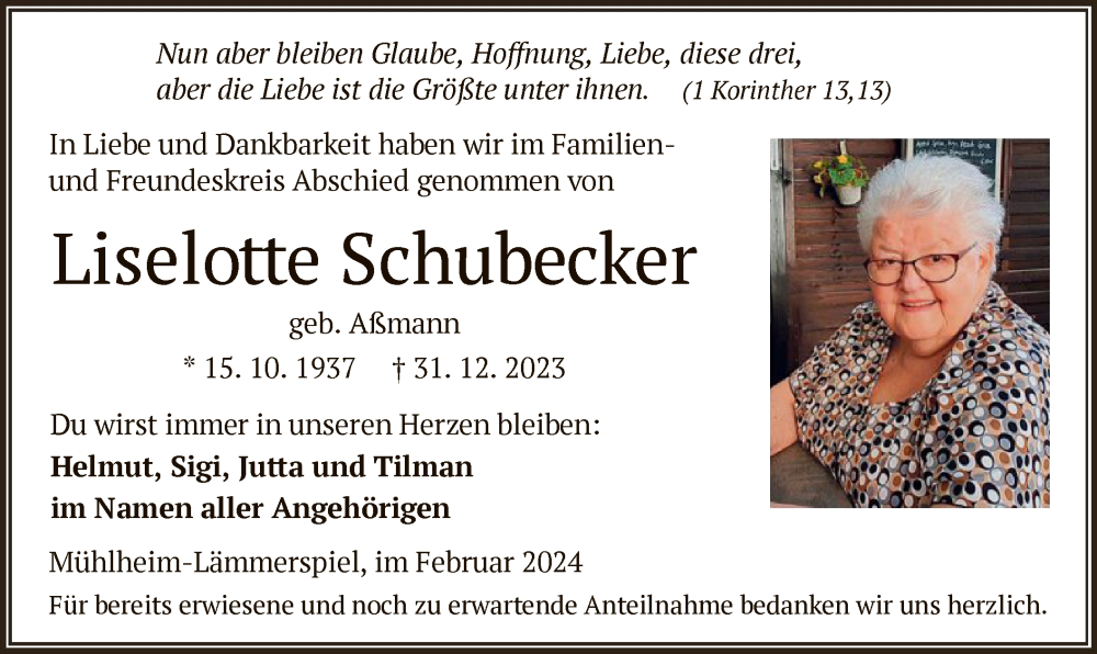  Traueranzeige für Liselotte Schubecker vom 10.02.2024 aus OF