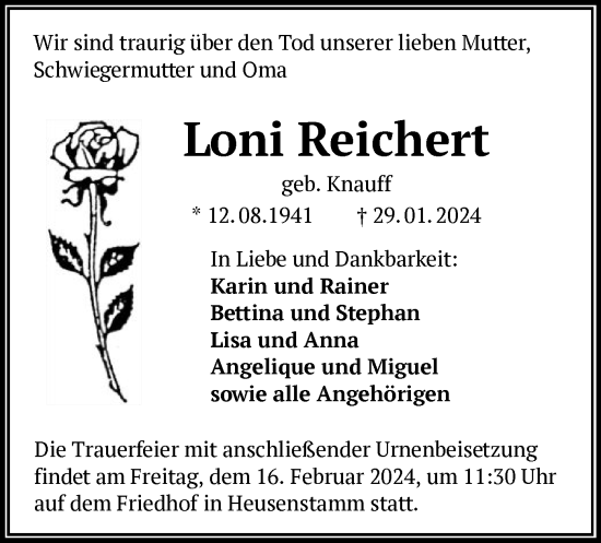 Traueranzeige von Loni Reichert von OF