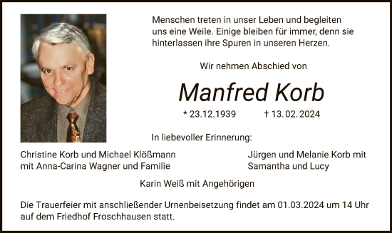 Traueranzeige von Manfred Korb von OF