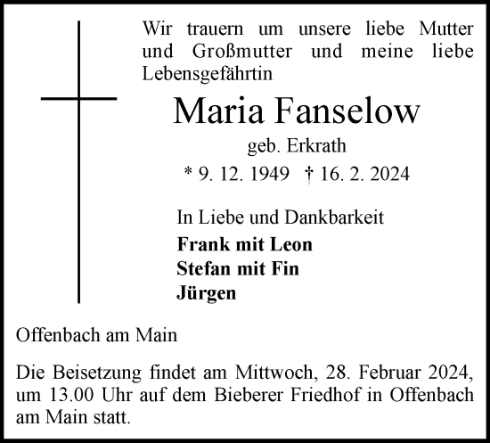 Traueranzeige von Maria Fanselow von OF