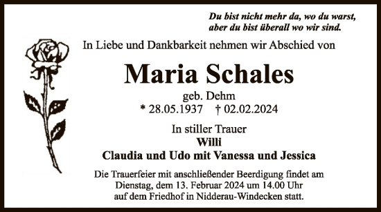 Traueranzeige von Maria Schales von OF