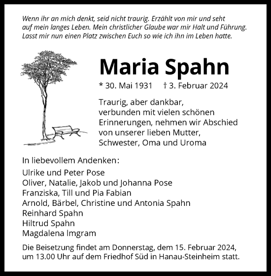 Traueranzeige von Maria Spahn von OF