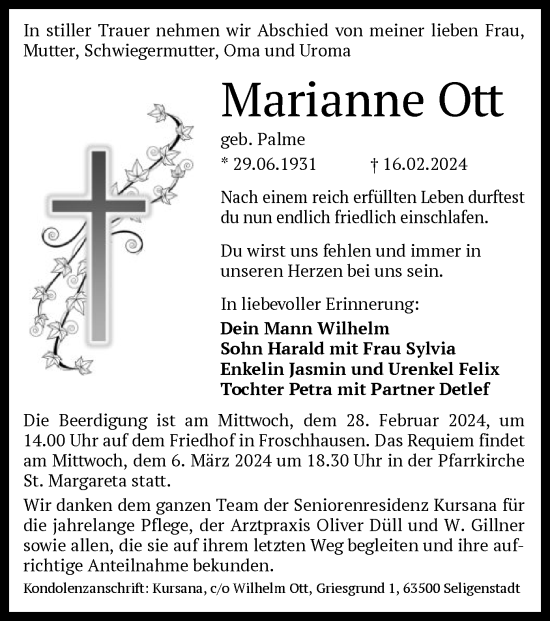 Traueranzeige von Marianne Ott von OF