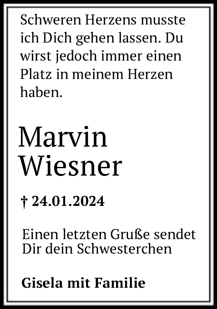  Traueranzeige für Marvin Wiesner vom 03.02.2024 aus OF