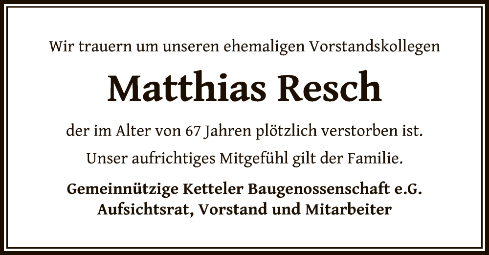  Traueranzeige für Matthias Resch vom 24.02.2024 aus OF