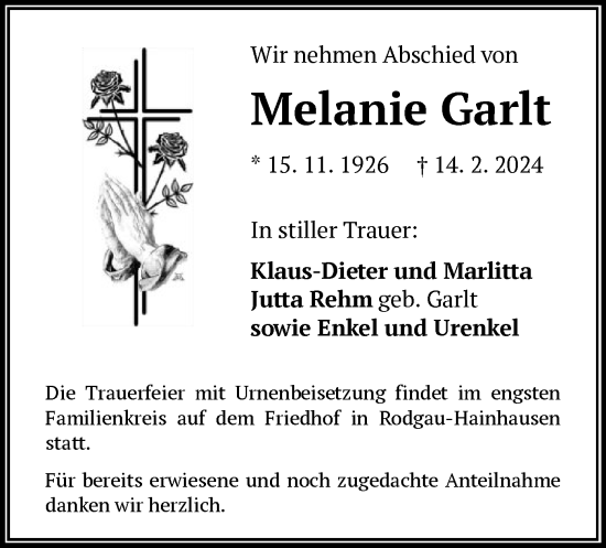 Traueranzeige von Melanie Garlt von OF