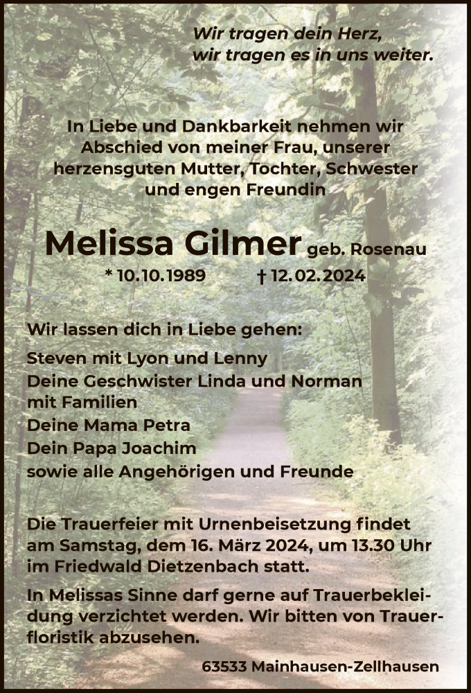  Traueranzeige für Melissa Gilmer vom 24.02.2024 aus OFOF