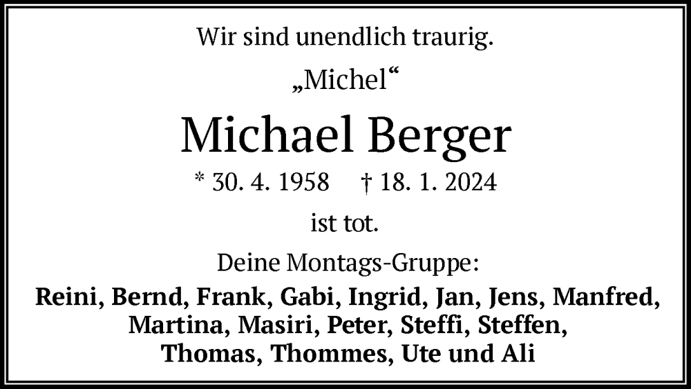  Traueranzeige für Michael Berger vom 03.02.2024 aus OF