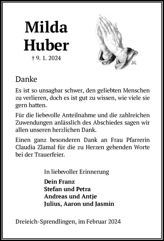 Traueranzeige von Milda Huber von OF