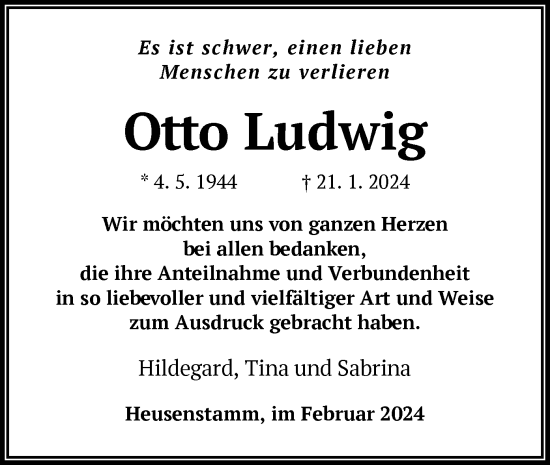 Traueranzeige von Otto Ludwig von OF