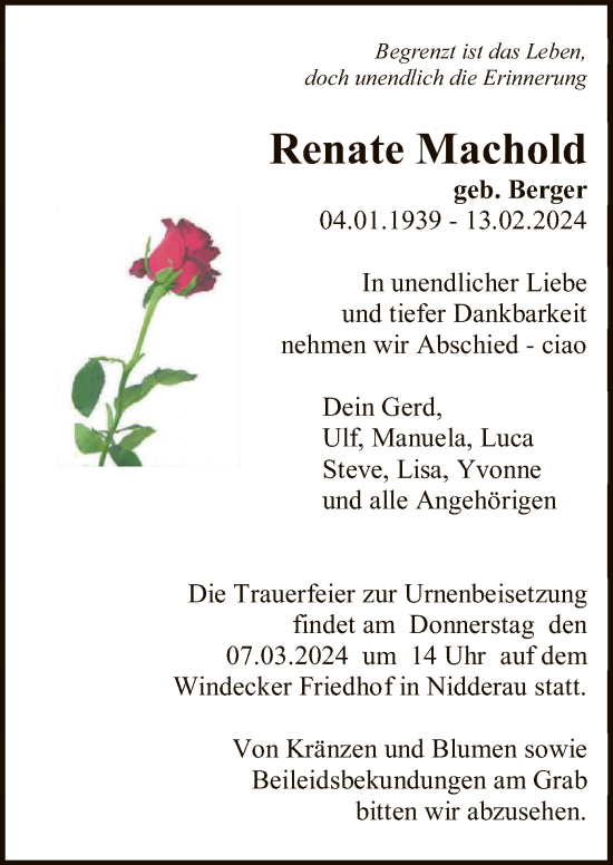 Traueranzeige von Renate Machold von OF