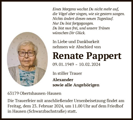 Traueranzeige von Renate Pappert von OF