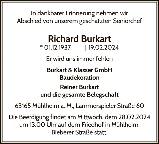 Traueranzeige von Richard Burkart von OF