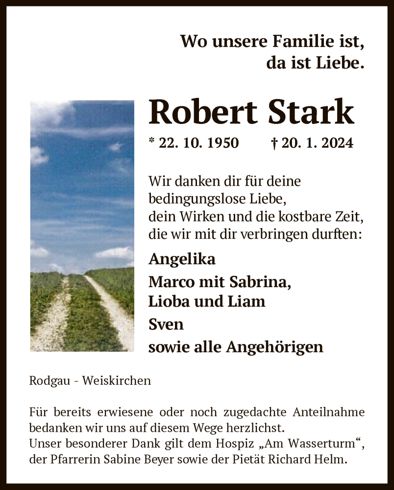  Traueranzeige für Robert Stark vom 10.02.2024 aus OF