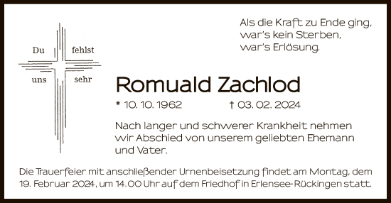 Traueranzeige von Romuald Zachlod von OF